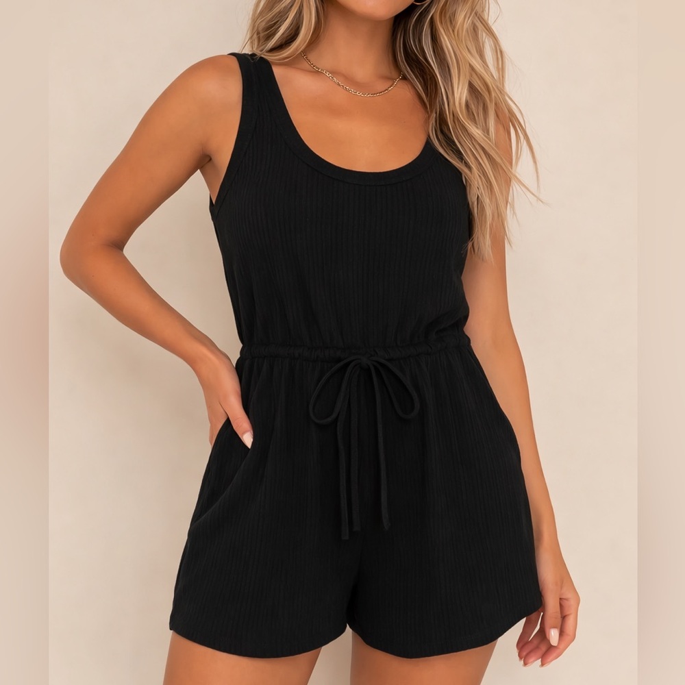 Lulu's Black Knit Scoop Neck Ribbed Romper Lounge Beach Vacation Summer - Size S